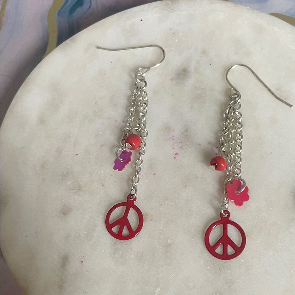 Peace Sign Dangle Earrings with Red Accents